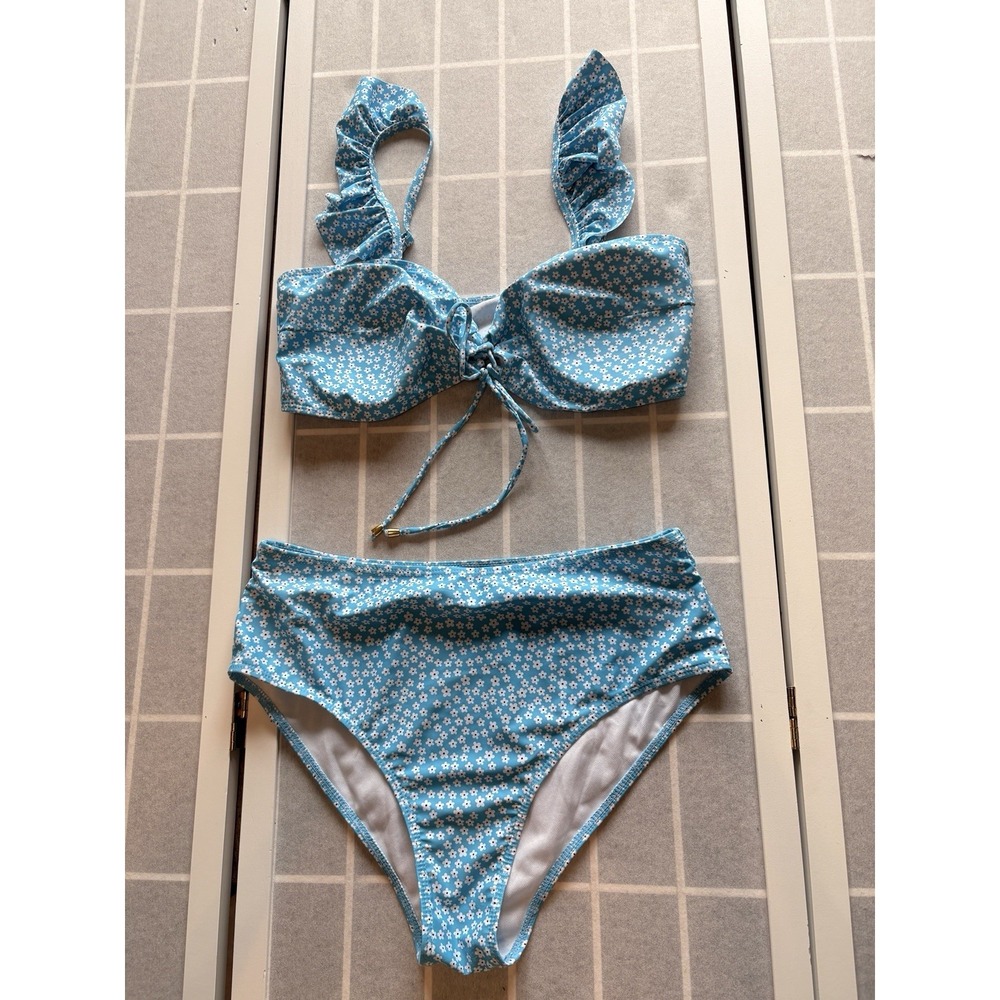 Blue Floral High Waisted Bikini Tummy Control Plus Size 0XL Retro‎ Boho Fringe